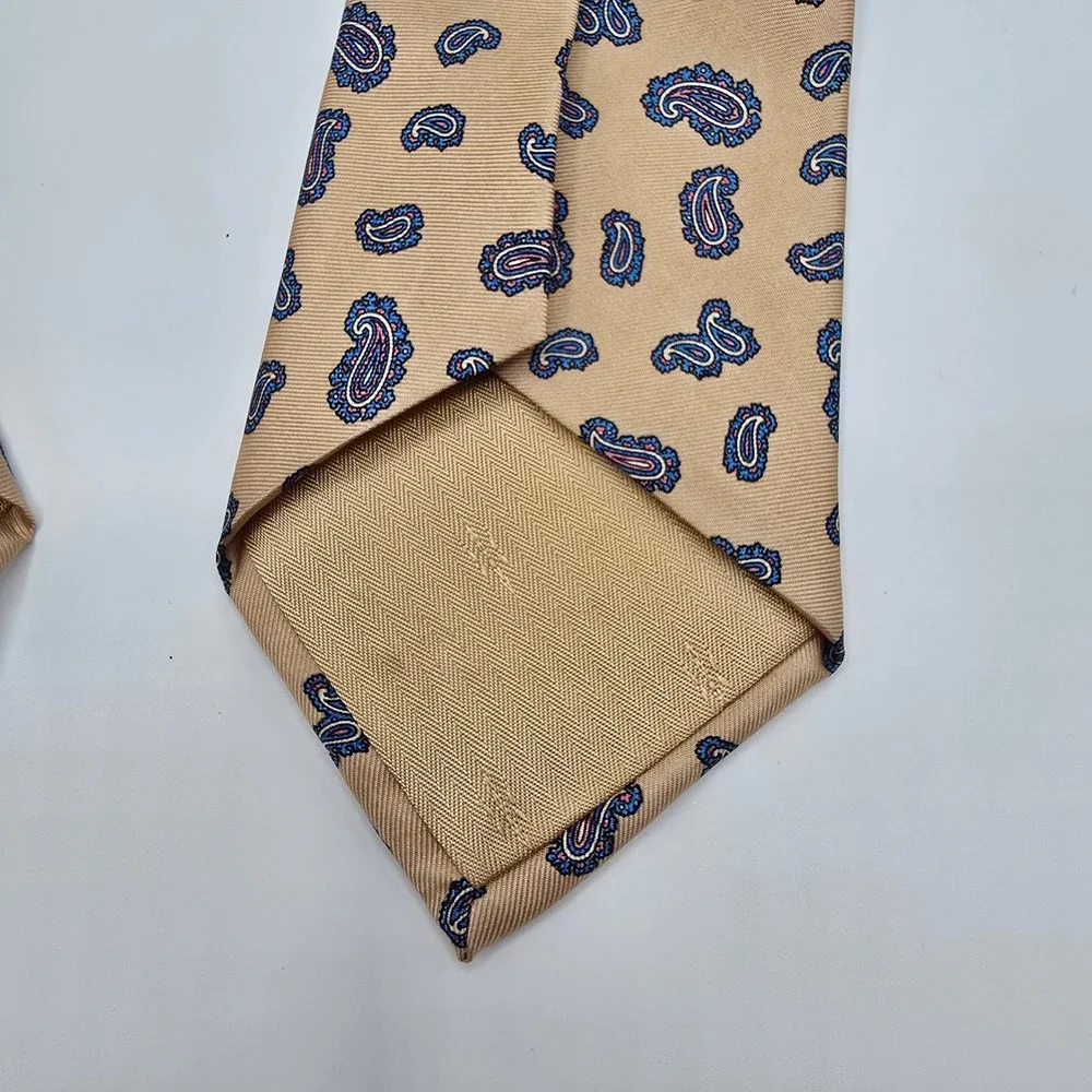 Mens Luxury 100% Silk Paisley Necktie Handmade Italy Formal Business Tan‎ Navy
